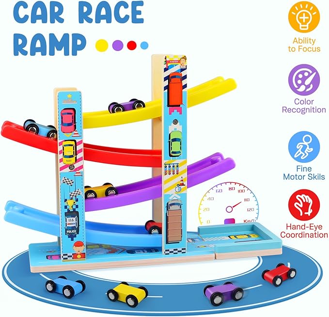 Montessori Toys for Toddlers, Children Race Track Toy with 4 Cars and 1 Wooden Parking Lot, Stable Base, Car Ramp Toy for 1 2 3 Year Old Boy Girl Gifts
