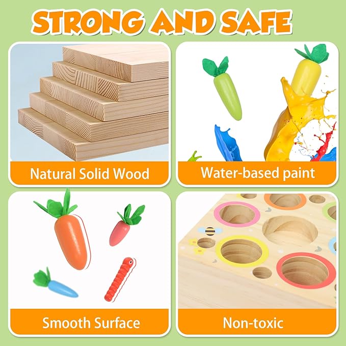Montessori Toys for 1 Year Old, Wooden Toy for Baby 6-12 Months, Carrot Harvest Game for Kids, Shape Sorting Matching Puzzle, Educational Birthday for Boys and Girls(Pop Up Carrot)