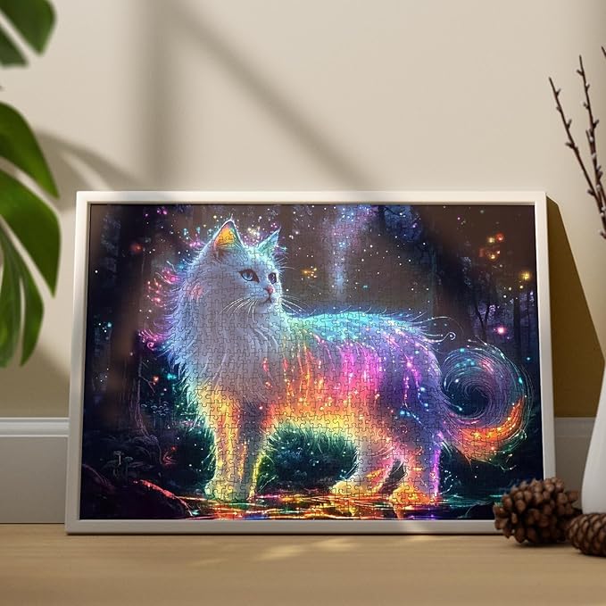 1000 Piece Jigsaw Puzzle-Shiny White Cat Puzzles 1000 Pieces for Adults,Huge Glowing Cat Colorful Light Spots Puzzles for Adults 1000 Pieces Dreamy Animal Puzzles Beautiful Wall Decor