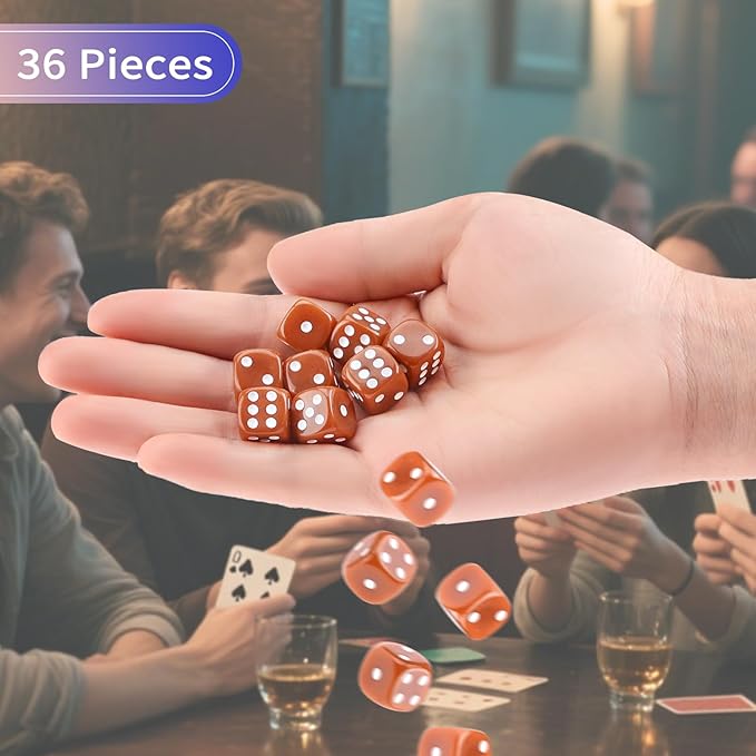36 Pieces 12mm 6 Sided Mini Dice Set,D6 Game Dice Set,6 Sided Standard Game Dice for Board Games Dice Games Classroom Teaching Dices Game,with Portable Gaming Box(Brown)