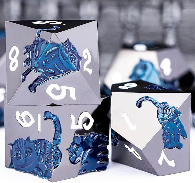 Metal DND Cat Dice 7PCS Polyhedral RPG Dice Set with Gift Case for Dungeons Dragons Role Playing Game, D and D Dice D6 D8 D10 D12 D20 D% (Blue Black)
