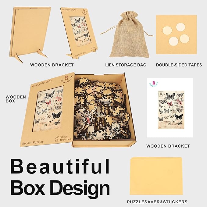 Wooden Puzzles for Adults, Butterfly Jigsaw Puzzles 5MM Thickness,200 Pieces Animal Unique Shape Puzzles with Wooden Box, Family Game Gift Fun Challenging Puzzle for Adults and Kids