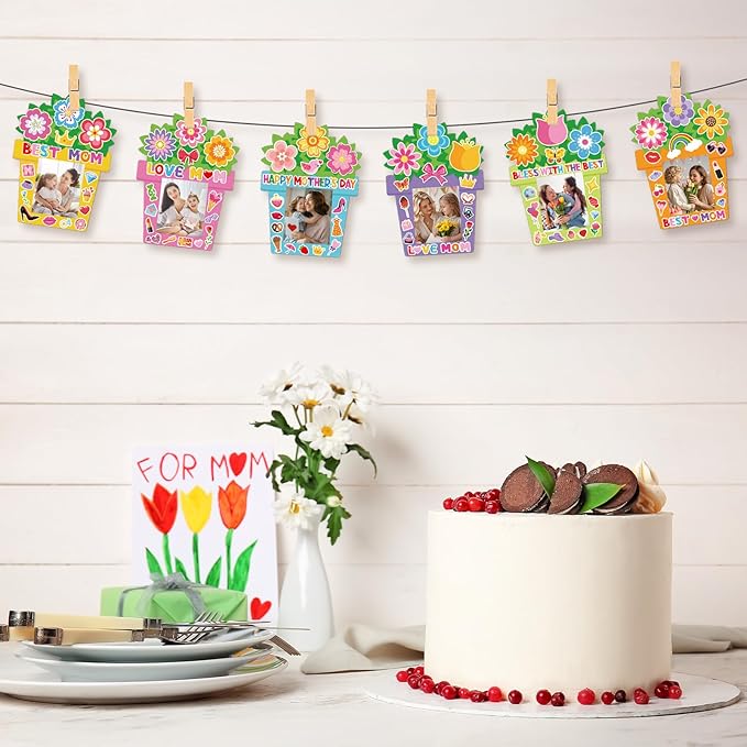 24 PCS Mother's Day Picture Frame Ornaments Paper DIY Photo Frame Craft Set Hanging Decorations For Mother Gifts(Flowerpot)