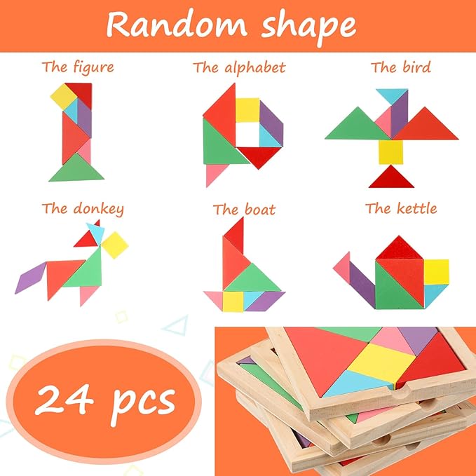 Syhood 24 Pieces Tangrams Puzzles for Students Party Favors Wooden Tangram Pattern Blocks Brain Logic Blocks for Manipulatives Games Educational Gifts and Party Favors(Bright)