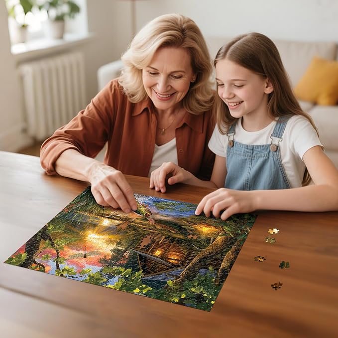 Jigsaw Puzzle for Adults 500 Pieces - Lakeside Cottage Puzzles, Nature Forest Lake Wooden Cabin Jigsaws