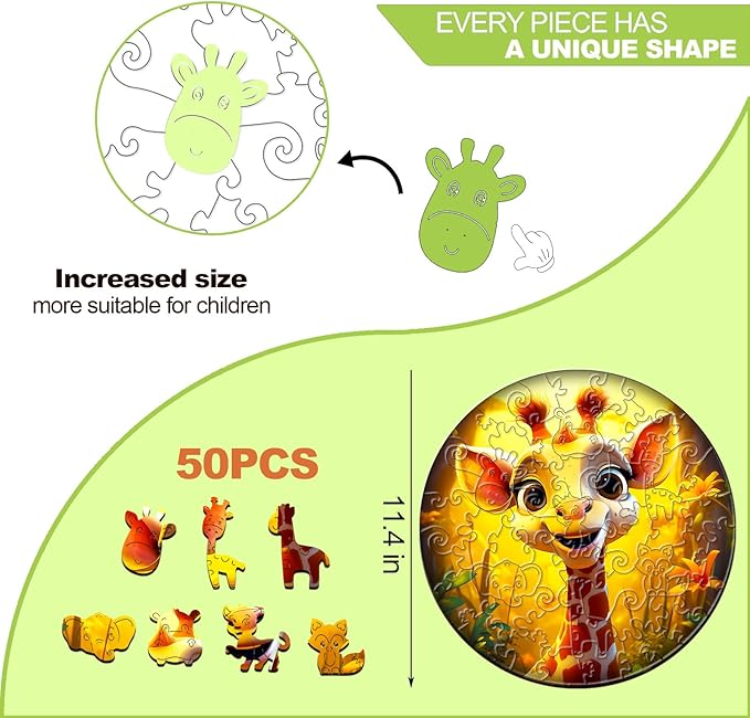 Wooden Puzzles for Kids Ages 4-6 - Giraffe Puzzle (11.4 x 11.4 in) - 50 Piece Puzzles for Kids - All Pieces Unique Shape - Gifts for Boys Girls Toddlers Ages 3-5 2-4 Year Old