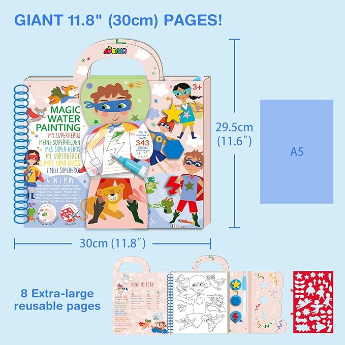 Avenir 4-in-1 Reusable Water Reveal Coloring Books for Toddlers 1-3 & 3-5 | Mess-Free Paint with Water Activity Pad | Portable Travel Road Trip Airplane Educational Creative Set for Kids