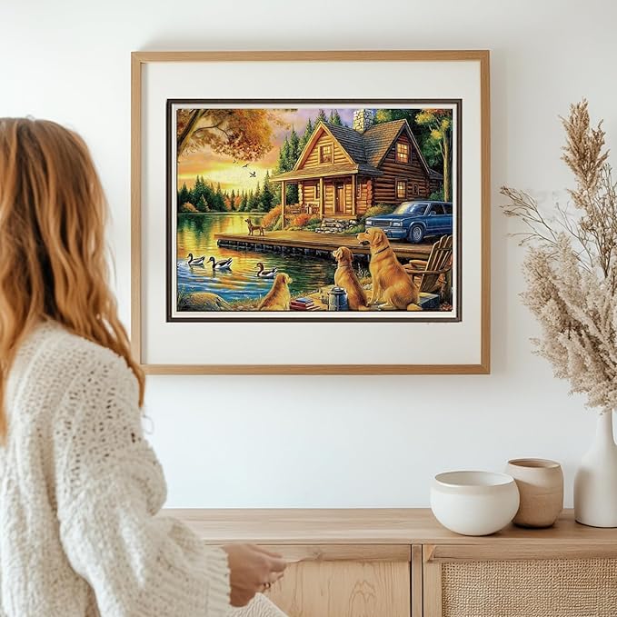 GLOBLELAND 300Pcs Lake Dog Wooden Jigsaw Puzzles for Adults 11.22x15.16inch Colorful Golden Retriever and Duck Wood Puzzles Holiday Birthday Gifts