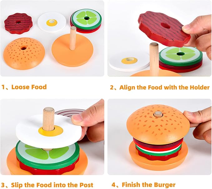 Wooden Burger Stacking Toys for Kids, Montessori Play Food for Toddlers, Educational Toys for 3+ Year Olds to Develop Fine Motor Skills