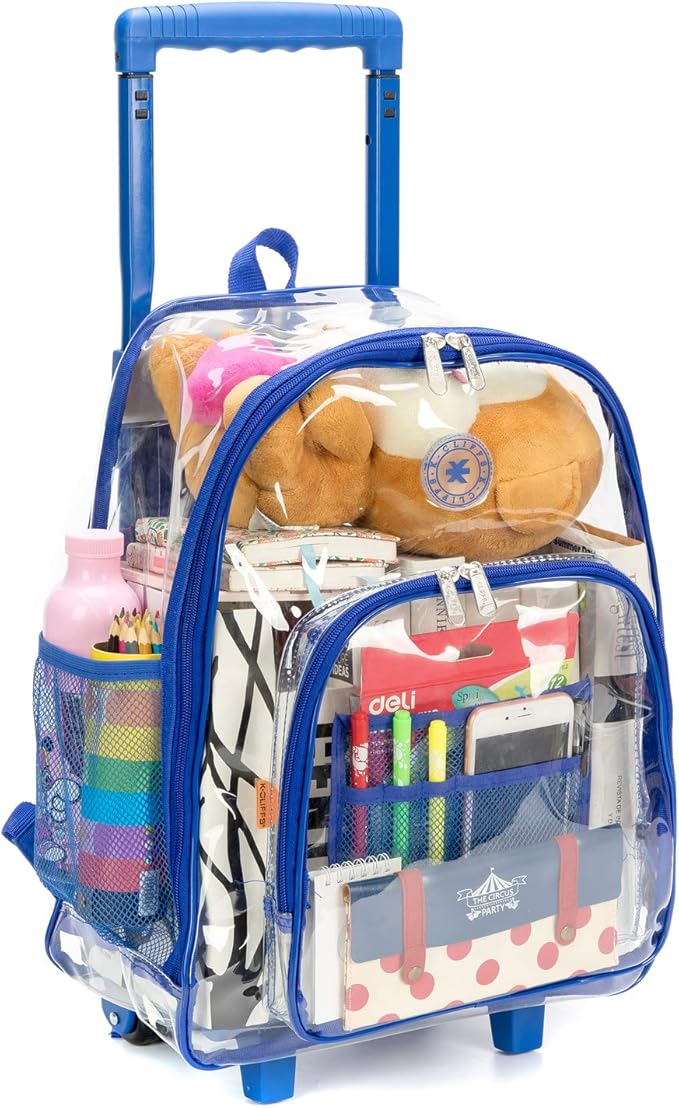 K-Cliffs Rolling Clear Backpack Heavy Duty Bookbag Quality See Through Workbag Travel Daypack Transparent School Book Bags w/Wheels