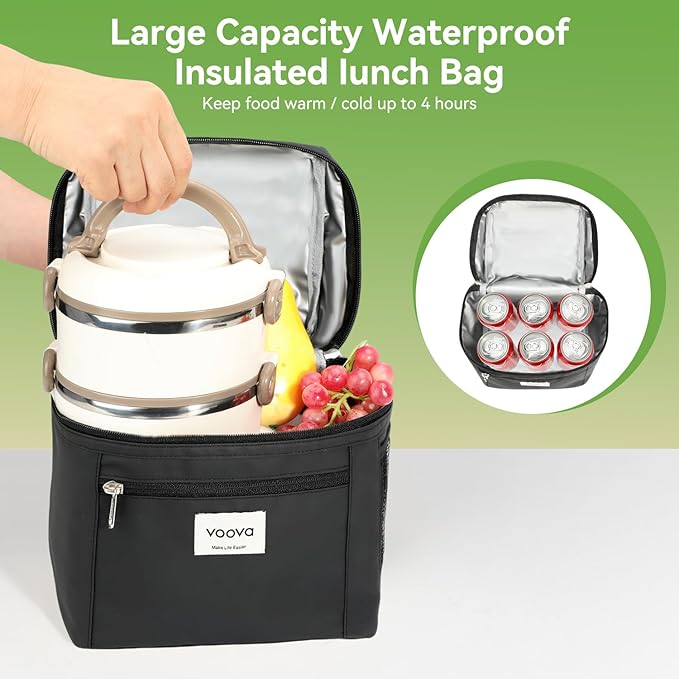 Voova Stackable Stainless Steel Thermal Lunch Box with Lunch Bag for Women Men Adult Kids, 2 Tier Leakproof & Microwave Safe Insulated Bento Boxes Food Container for Work School, Black