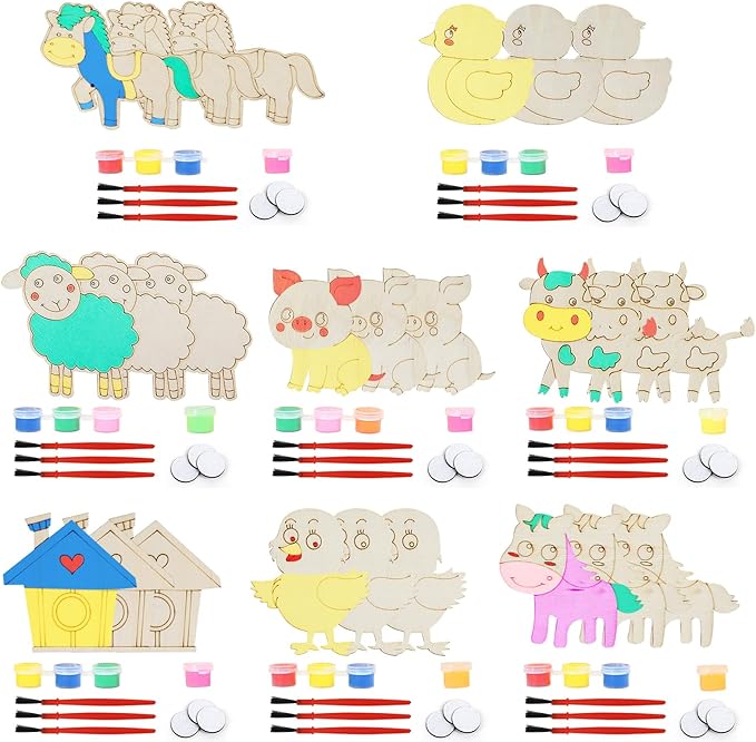 LARDUX Farm Animal Party Favors, 24PCS DIY Wooden Arts & Crafts Painting Kit for Kids Ages 4-8 8-12, Glow in The Dark Party Favors Family Crafts Birthday Party Christmas Gifts Toys for Boys Girls