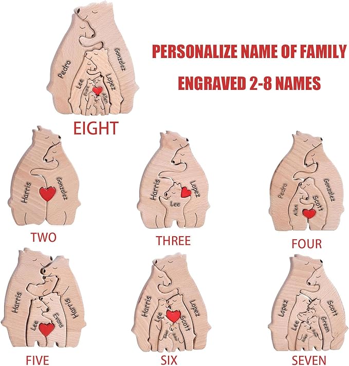 Custom Wooden Bears Family Puzzle with 2-8 Family Name - Family Decor for Mom Unique Wooden Decor Gift for Mom and Dad Mother's Day Father's Day Jigsaw Puzzles (Bear Jigsaw Puzzle)