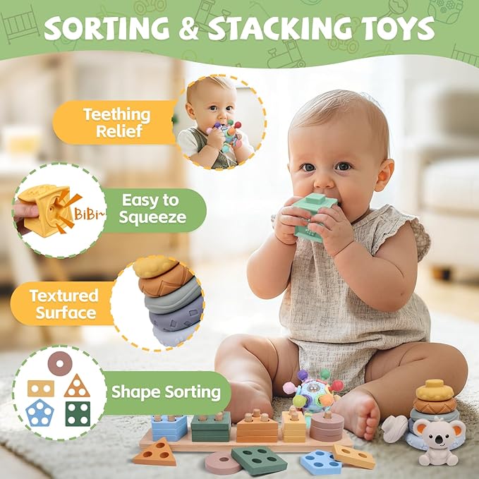 6-in-1 Montessori Baby Toys 0-6 6-12 Months, Infant Teething Toys Soft Stacking Blocks Rings Shape Sorter Sensory Fidget Spinners for Toddler 1-3, First Baby Gift Set for 6 Month Old Girl Boy