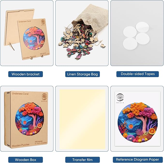 Wooden Puzzles for Adults, 3D Vision Effects Coral Wooden Jigsaw Puzzles 200pcs, 11.1x11.2in, Medium, Unique Shape Adult Puzzles, Wood Puzzles Creative Gift for Adults and Kids Family Game
