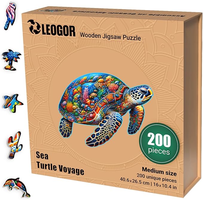 LEOGOR Wooden Jigsaw Puzzles for Adults 200 Pieces (16 × 10.4 in), Sea Turtle Puzzle, Extra-Thick 5mm Wood, Colorful Ocean Mosaic, Unique Gift for Adults and Teens