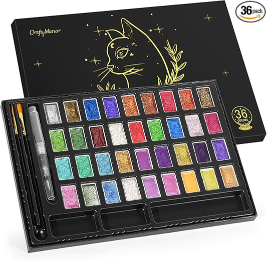 Mini Glitter Watercolor Paint Set with Paper, 36 Colors Shimmer Metallic Watercolour Painting Sets, Solid Pearl Water Color Paints for Adult, Kids, 1ml Trial Package(3ml 36 Colors)