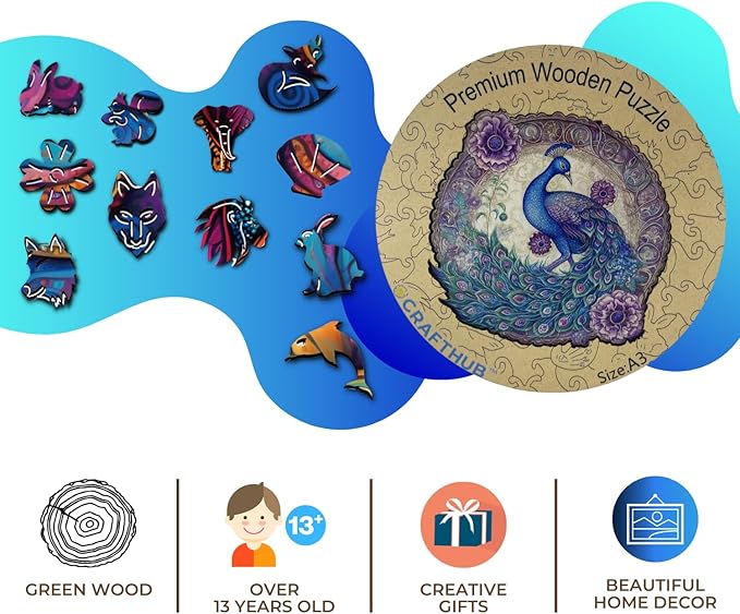 CRAFTHUB Animal Wooden Puzzles for Adults – A3 Enchanted Peacock with 129 Pieces – Jigsaw Puzzles with Unique Animal Shapes – 7.6" x 7.5"