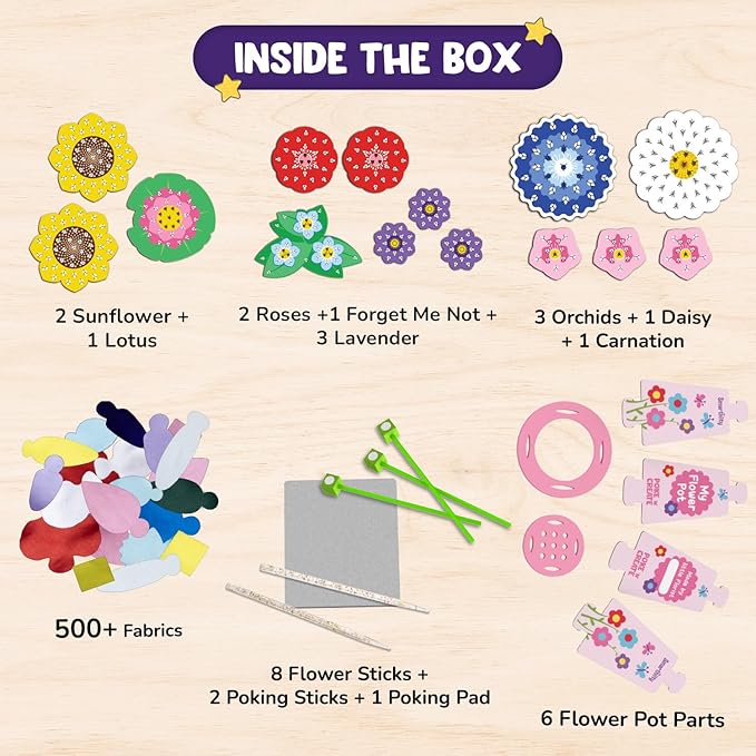 SmartCraft Art & Craft Kit - Poke Art Flower Making Kit for Kids Ages 4, 5, 6, 7, 8, 9, 10 Years Old, Create 8 Beautiful Flowers with Pot, Creative Birthday Gift for Girls & Boys, DIY Fun Activity Kit