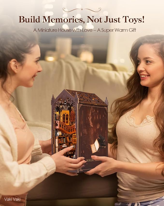 [2025 New] Magic Bookstore Book Nook Kit with Dust Cover & LED Light, DIY Miniature House Kit Toy, 3D Wooden Puzzle Bookshelf Decor Building Kit, Birthday Gifts for Family & Friends