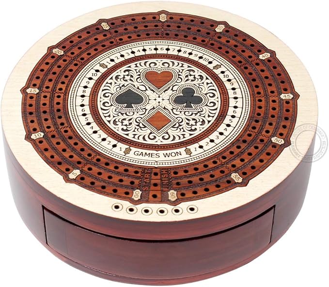 House of Cribbage - Round Shape 3 Track Non-Continuous Cribbage Board - Push Drawer Storage for Pegs and 1 Deck of Cards with Score Marking Fields for Won Games (Maple Wood/Bloodwood)