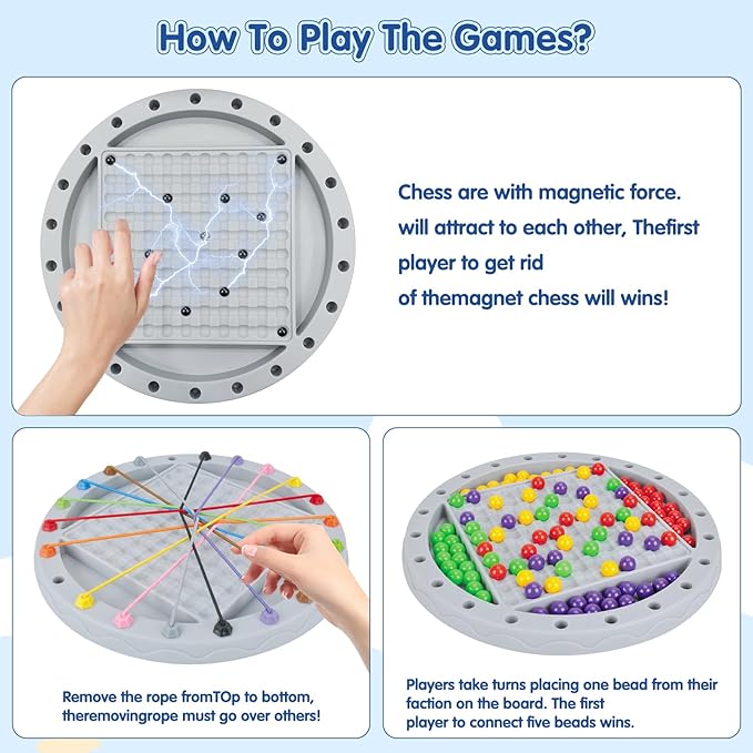 3 in 1 Board Games, 5-in-eine-Reihe-Spiel & Magnetic Chess & Rope Untangling Puzzle Game, 40 Pcs Stones, 60 Perlen, 10 String & Portable Storage Bag, Multi-Level Challenges Use for Kids Adults