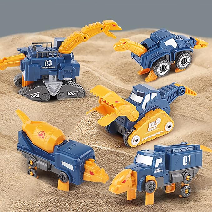 Construction Trucks Toy Dinosaur Vehicles Magnetic Set, 5-in-1 Educational STEM Building Car Kit, Transform to Big Robot, Holiday Birthday Present for Toddler Kid 3 4 5 6 7 Year Old Boys Girls