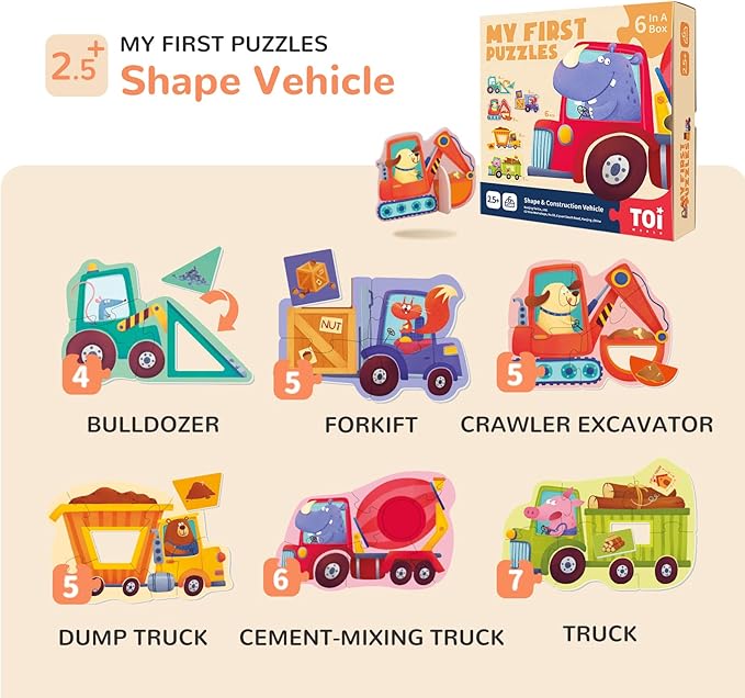 Toi 6 Packs Large Piece Toddler Jigsaw Puzzles for Kids Aged 2.5+, Animal Shaped Floor Puzzles for Beginner, Preschool Learning Game for Boys Girls, Shape Vehicle