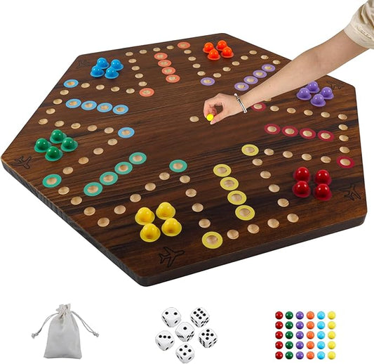 Extra Large Wahoo Board Game Wooden Original Board Game 2 Side Painted Fast Track Game for 4 Player and 6 Player with 30 Marbles,6 Dices for Family Game Night (Brush Paint Burn Color)