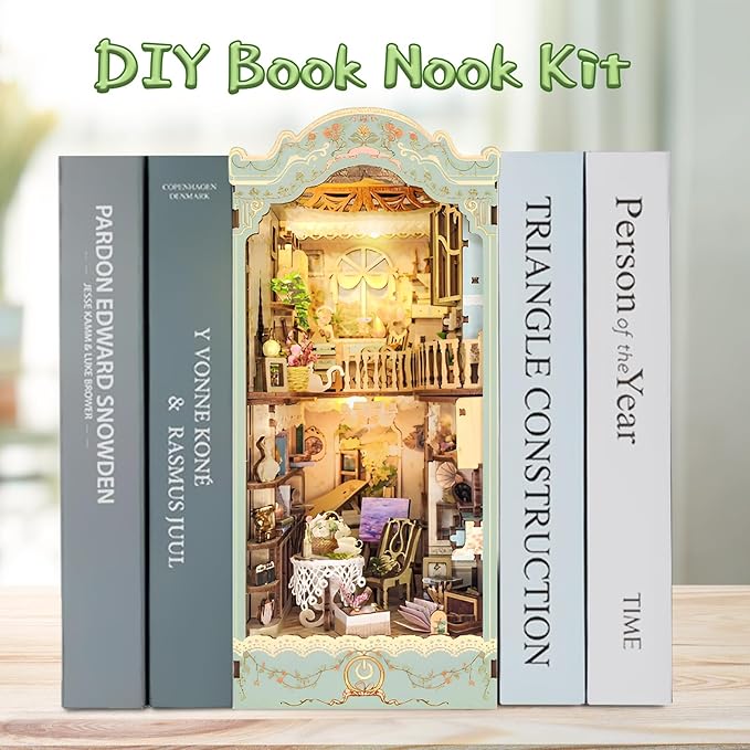 CRIOLPO Book Nook Kit - DIY Doll House Booknook, Book Nook Miniature Kit for Bookshelf Insert Decor Craft for Adult Teen Halloween, 3D Wooden Puzzle Bookends with Sensor Led Light
