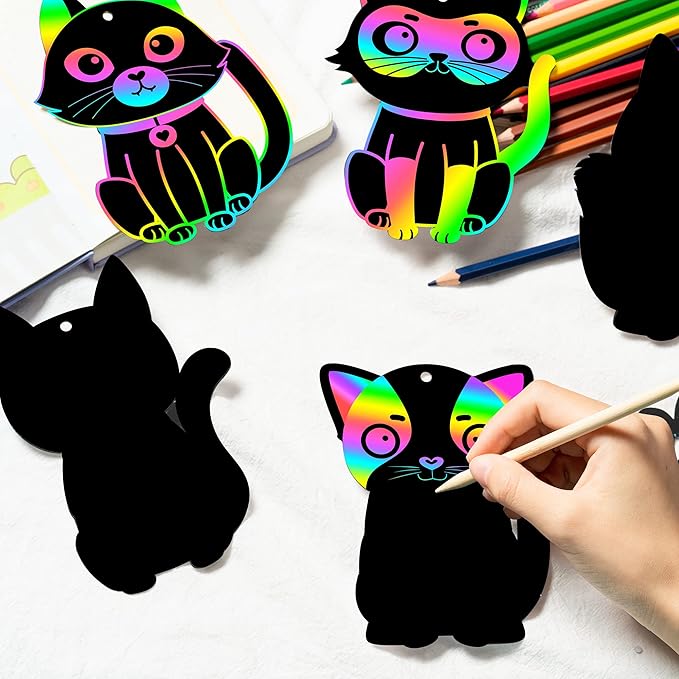 CY2SIDE 60PCS Cat Animal Scratch Bookmarks for Kids, DIY Cat Rainbow Color Paper Cards Craft Kit Birthday Decorations, Catling Pet Magic Art Project Party Favors for School Classroom Activities