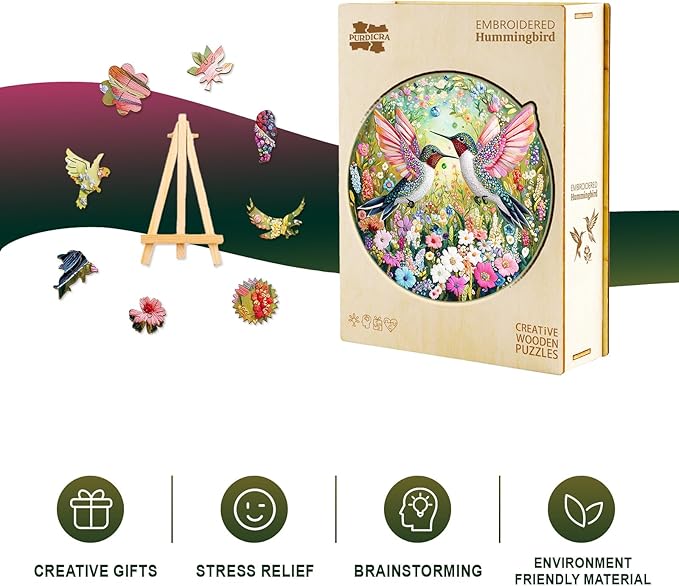 Wooden Jigsaw Puzzles, Embroidered Hummingbird Wooden Puzzles for Adults with Unique Shape, Adult Jigsaw Puzzle, Birthday Gifts for Adults, 8.4"x8.5" - 100pcs