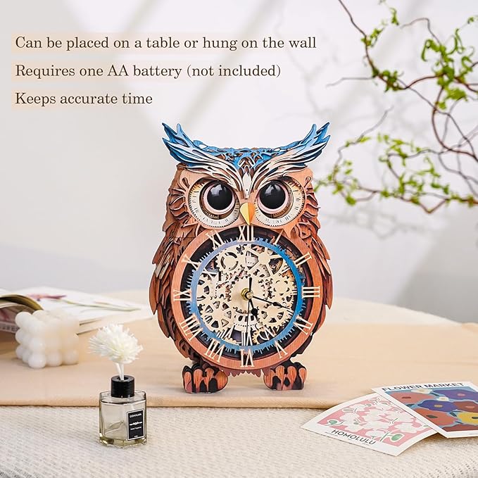 Kosmickiss 3D Wooden Puzzles for Adults, Owl Wooden Clock, DIY Model Building Kits for Adults, Owl Gifts for Women, Creative Decor for Home