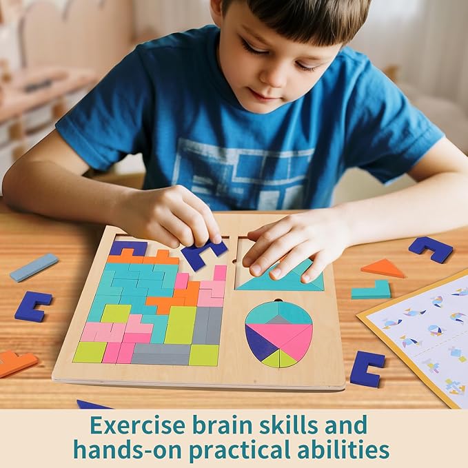 Kids Wooden Blocks Puzzles Toy Tangrams Jigsaw Oval Brain Teasers Toy Sets Colorful Russian Blocks Montessori Educational Logic Game(KD-003)