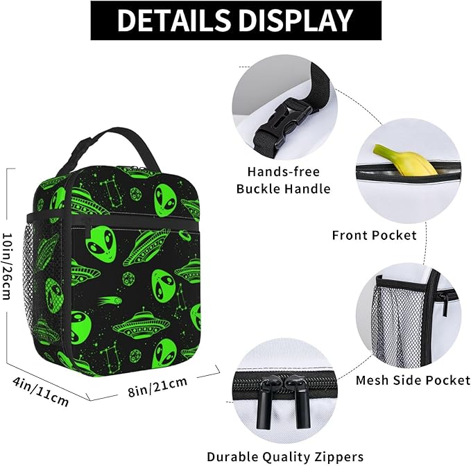 Green Ufo Alien Star Reusable Lunch Box Food Bag Insulated Lunch Bag for Teenage Boys Girls School Beach
