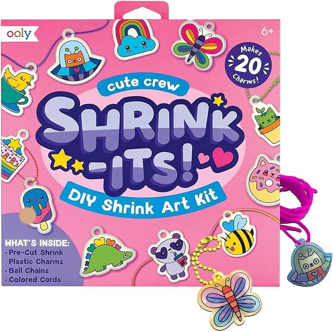 Ooly Shrink-Its 28 PC DIY Shrinking Art Kit That Creates Charms and Tags, Includes 20 Plastic Pre Cut Charms and More, No Mess Art for Kids, DIY Gifts for Kids, Ideal Party Favor - Cute Crew