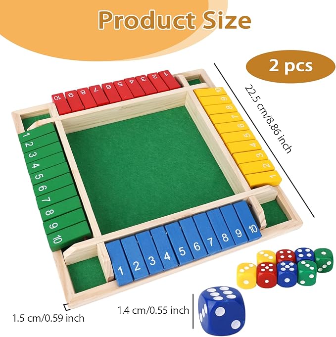 2 Pcs Shut The Box Game Wooden, Close Shut The Box Game for 2-4 Player Adults, Math Sequence Dice Plunder Board Games with 16 Dice, 4-Sided 10 Number Table Games for Family Classroom Home Party Pub