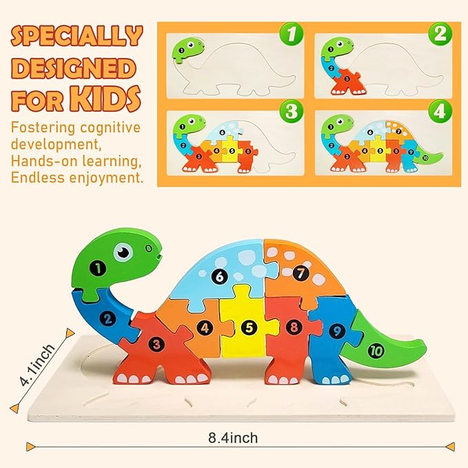 4-Pack Wooden Puzzles for Kids Ages 3-5, 3 Dinosaurs and an Animal Puzzles, Ideal Gift for Toddler