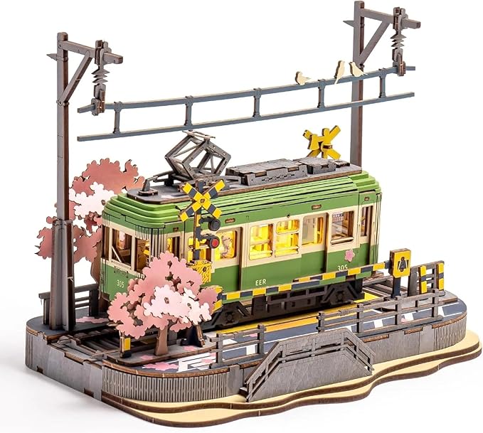 3D Wooden Puzzle Model Kit, LED Light Tram with Cherry Blossoms, 223 Pieces, 6.57 x 5.51 x 9.13 inches