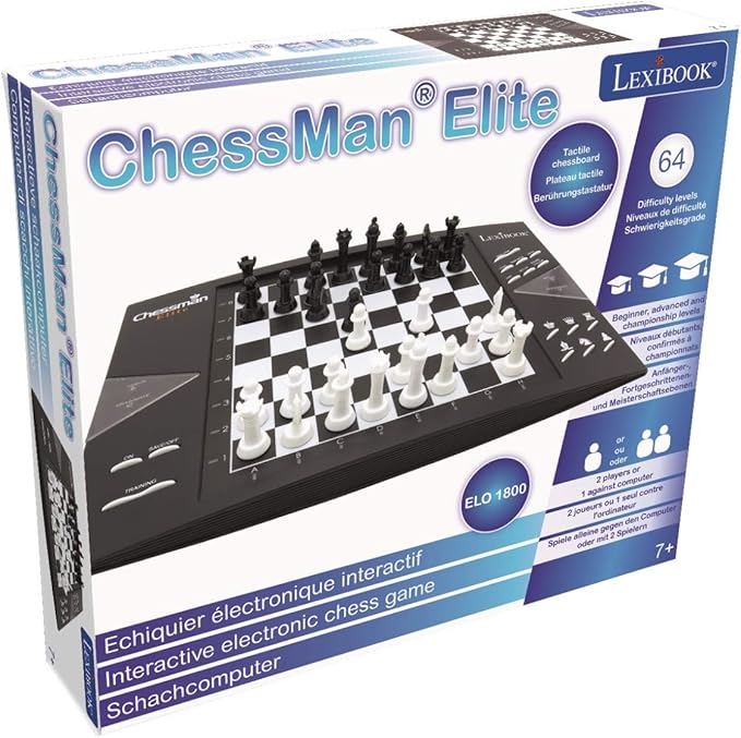 Lexibook Chessman® Elite Interactive Electronic Chess Game +, 64 Levels of Difficulty, LEDs, Family Child Board Game, Black/White, CG1300US