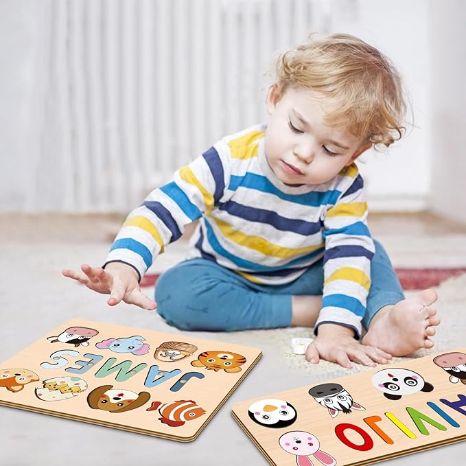 Personalized Name Puzzle for Kids, Customized Baby Gifts First Birthday for Girls & Boys Name Puzzles for Toddlers 1-3 Early Learning Toys Wooden Animal Puzzle Eeducational Toy Alphabet Puzzle