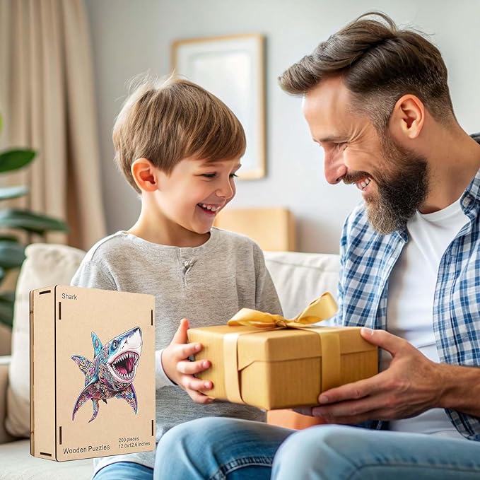 Wooden Jigsaw Puzzle, 500 Pcs Unique 3D Shape Jigsaw Puzzles, Wood Puzzle Gift Box Packing, Medium Size Letter, Creative Gift for Adults and Kids, Fun Challenging (EA2Shark, 500PCS)