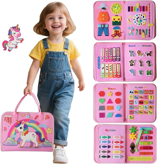 Busy Board-Montessori Toys for Toddlers,Sensory Toys for Girls,Learning Education Travel Toys for Toddlers,Activity Board Busy Book for Kids Birthday Gift (Pink)