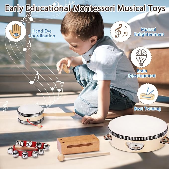 LOOIKOOS Toddler Musical Instruments Montessori Natural Wooden Percussion Instruments for Kids Preschool Educational Musical Toys Set for Boys and Girls with Storage Bag