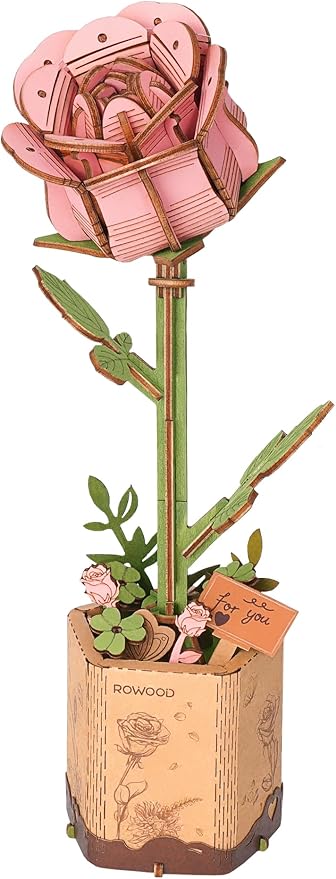 rowood Artifical Flower,Wood Flower Building Toy Set,Mother's Day/Valentine's Day/Teacher's Day/Thanksgiving Day/Christmas/Birthday Gift for Mom/Women/Grandma/Wife/Her-Pink Rose, TW041