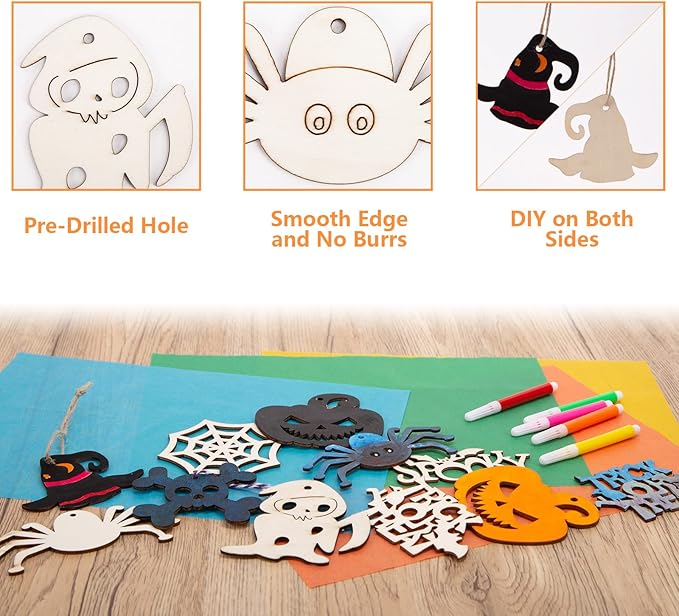 Shindel Halloween Crafts for Kids, 72PCS Wooden Halloween Decorations, 12 Styles Unfinished Wood Cutouts, Wood Ornaments for DIY Gifts Home Office Party Yard Hanging