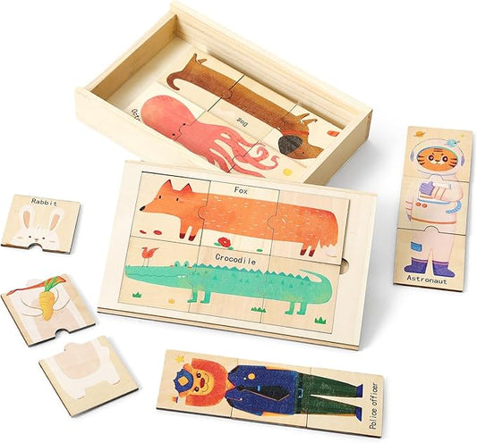 Wooden Animal & Career Jigsaw Puzzle for Toddlers Ages 3-5: Colorful Montessori Matching Puzzle with Chunky Pieces, Developing Fine Motor Skills & Cognitive Awareness
