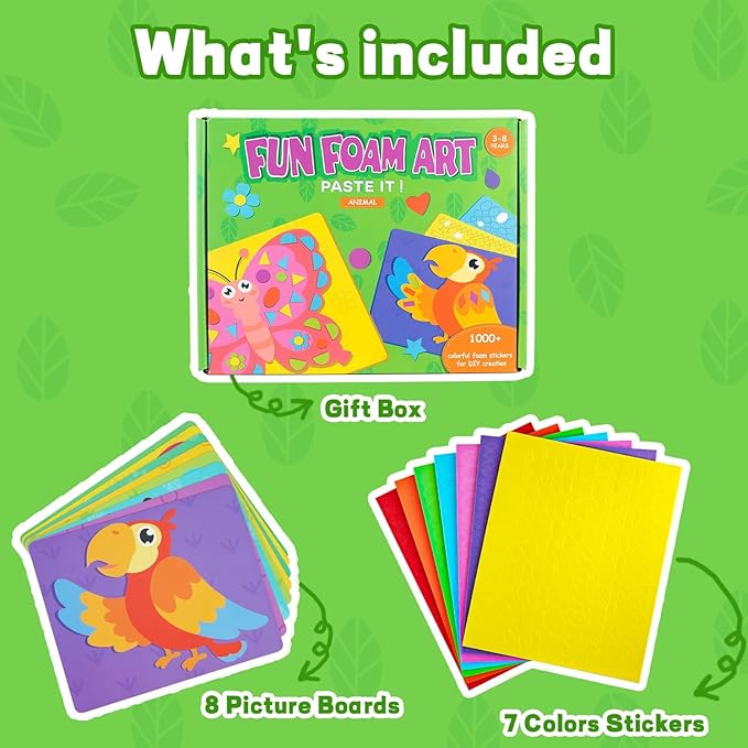 Foam Stickers Art Craft Activity for Kids, No Mess Fun 3D Foam Sticker,DIY Felt Craft Kits, Creative Educational Learning Toy,Travel Game Gifts for Boys & Girls Ages 3 4 5 6 7 8 (Animal)