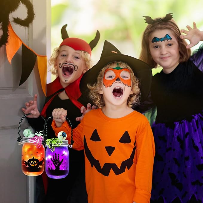Letapapa Halloween Crafts for Kids, 8 PCS Mason Jar with Accessories for DIY Craft & Art Party Favor Supplies, Halloween Decoration Trick or Treating, Classroom Art Activities