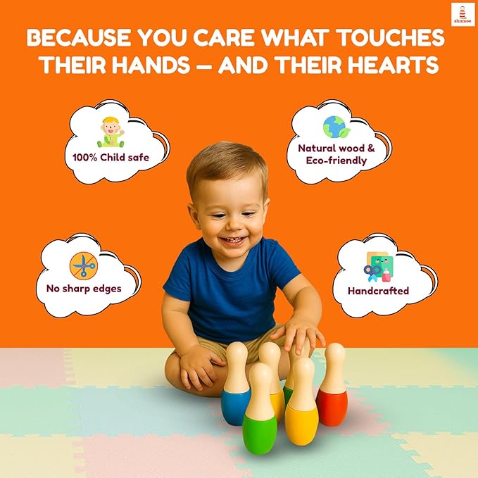 Shumee Montessori Wooden Kids Bowling Set 2+ Years, Eco-Friendly Toddler Bowling Sets with 6 Pins & Ball, Indoor/Outdoor Bowling Set for Kids, Muscle & Brain Development, 100% Child-Safe Toy
